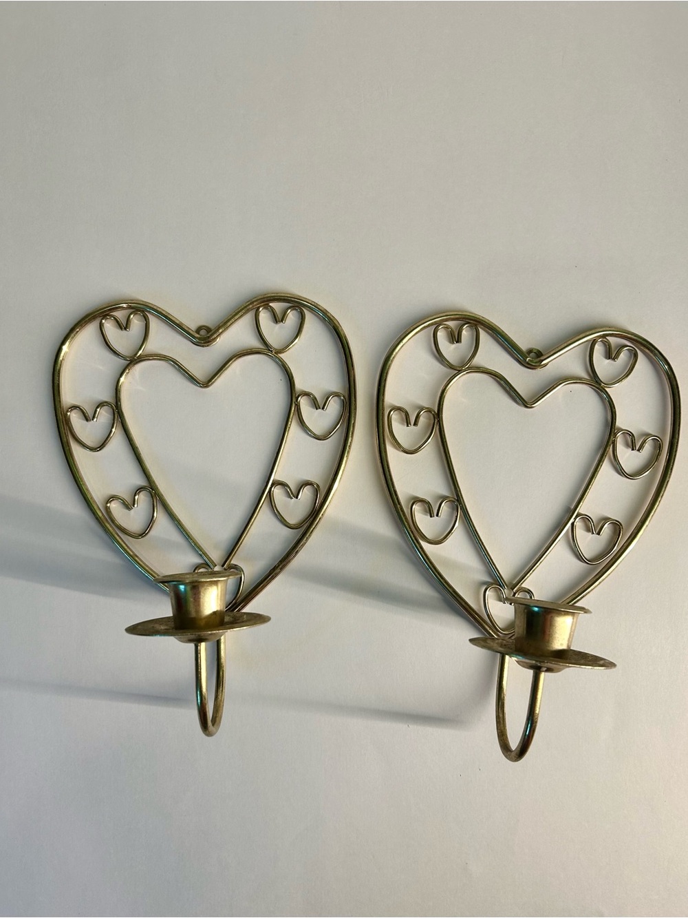 Heart-Shaped Brass Metal Wall Sconces Candle Holders - Pair MCM